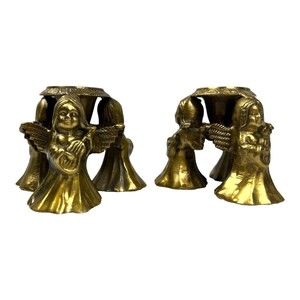 Vintage Brass ANGELS 2 Candle Holders Christmas Holiday Candlestick 3”